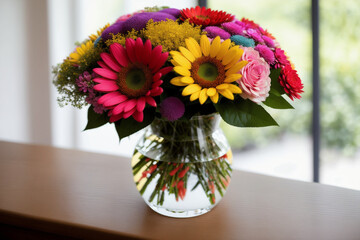 An arrangement of vibrant and varied flowers in a transparent glass vase, lit by soft natural light. Generative AI
