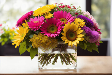An arrangement of vibrant and varied flowers in a transparent glass vase, lit by soft natural light. Generative AI
