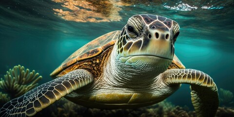 Green sea turtle, Chelonia mydas, in close up in its underwater habitat. Stunning exotic animal from the tropics. Generative AI - obrazy, fototapety, plakaty