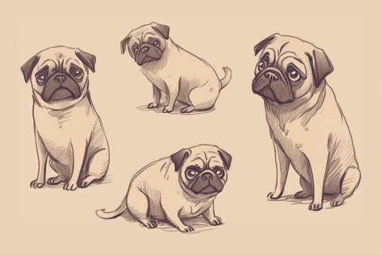 four pugs sitting. Generative AI