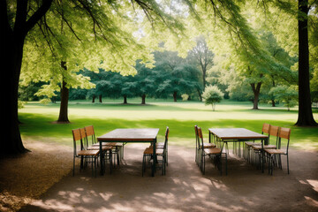 Fototapeta premium Table with chairs in a park. Generative AI