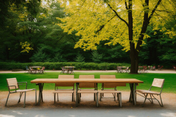 Obraz premium Table with chairs in a park. Generative AI