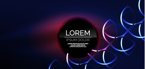 Neon laser lines, circles waves abstract background. Neon light or laser show, electric impulse, power lines, techno quantum energy impulse, magic glowing dynamic lines