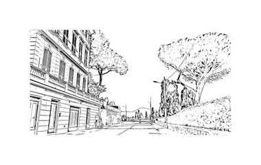 Building view with landmark of  Rapallo is the municipality in Italy. Hand drawn sketch illustration in vector.