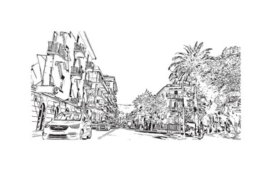 Building view with landmark of  Rapallo is the municipality in Italy. Hand drawn sketch illustration in vector.