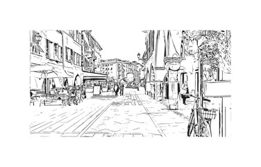 Building view with landmark of  Rapallo is the municipality in Italy. Hand drawn sketch illustration in vector.