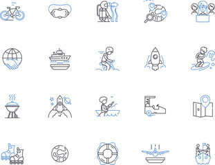 Adventure outline icons collection. Exploration, Trekking, Hiking, Backpacking, Mountaineering, Climbing, Camping vector and illustration concept set. Kayaking, Rafting, Canoeing linear signs