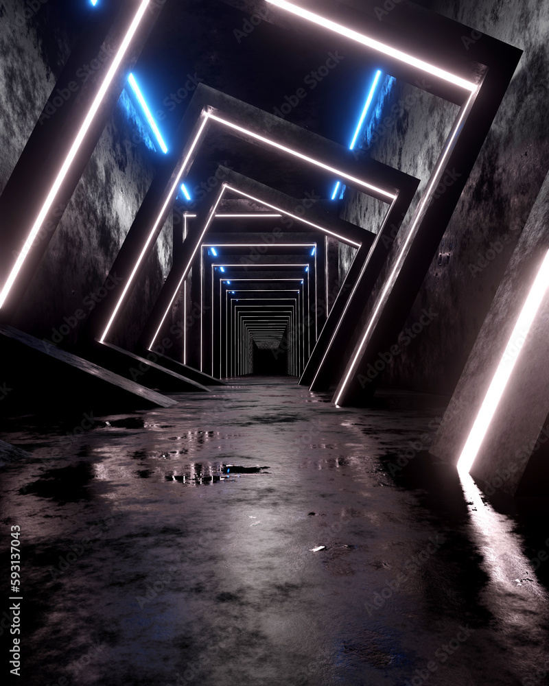 Aufkleber 3d rendering neon tunnel hall in an empty abstract futuristic dark room