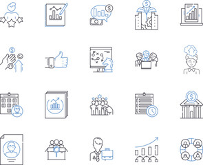 Work efficiency outline icons collection. Productivity, Effectiveness, Proficiency, Quickness, Speed, Dynamism, Skillfulness vector and illustration concept set. Preciseness, Competence, Systematic