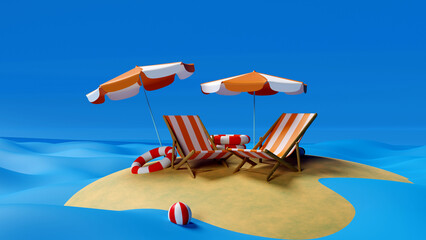 Beach umbrellas with chairs and beach accessories on a bright blue background.