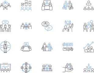 Management meeting outline icons collection. Management, Meeting, Agenda, Team, Review, Motivate, Assign vector and illustration concept set. Discuss, Organize, Plan linear signs