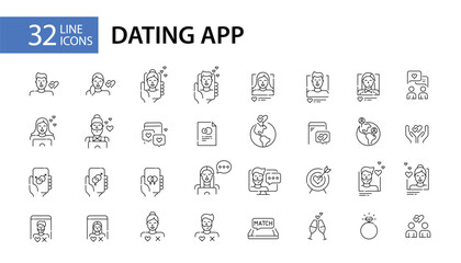 Fototapeta na wymiar 32 Dating app user profiles and interactions icons. Finding match, romantic attraction and long-term relationships