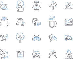 Free time and trips outline icons collection. Leisure, Vacation, Freedom, Holidays, Excursion, Outings, Playtime vector and illustration concept set. Adventures, Travel, Journeys linear signs