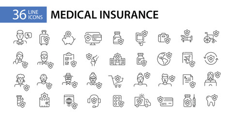 Obraz na płótnie Canvas 36 medical insurance healthcare plan icons. Hospital room, policy, international coverage and others. Pixel perfect