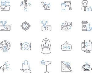 Shopping and restaurant outline icons collection. Shopping, Restaurant, Shopping Mall, Boutique, Cafe, Grocery, Bistro vector and illustration concept set. Store, Grocer, Eatery linear signs