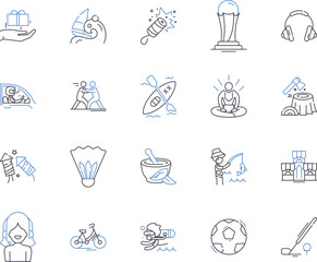 Leisure ans sport activities outline icons collection. Skiing, Swimming, Cycling, Hiking, Climbing, Kayaking, Mountaineering vector and illustration concept set. Surfing, Kiteboarding, Snowboarding