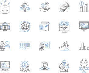 Accounting and documents outline icons collection. Accounting, Documents, Audit, Ledger, Payables, Receivables, Spreadsheet vector and illustration concept set. Tax, Balance, Expense linear signs