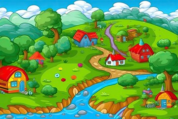 Obraz premium charming countryside scene with a flowing river and cozy cottages. Generative AI
