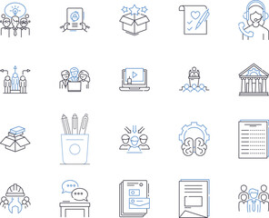 Marketing management outline icons collection. Marketing, Management, Strategy, Planning, Creative, Promotion, Lead-Generation vector and illustration concept set. Research, Analysis, Audience linear