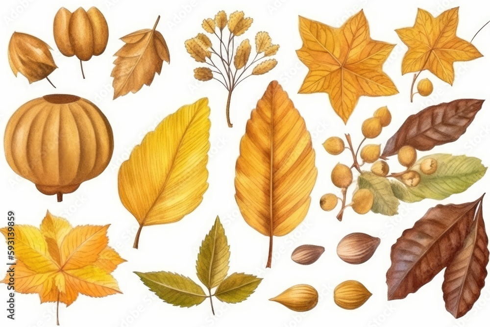 Canvas Prints variety of leaves and nuts on a white background. Generative AI