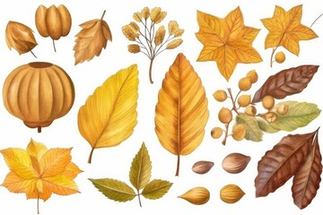 Obraz premium variety of leaves and nuts on a white background. Generative AI