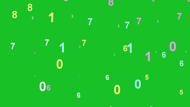 Colorful numbers flying on green screen background motion graphic effects.