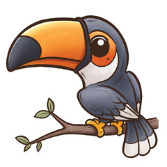 A charming and colorful cartoon illustration of a toucan perched on a tree branch. © sararoom