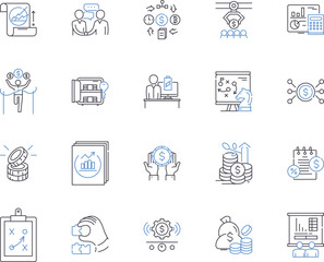 Finance business outline icons collection. Accounting, Taxation, Investment, Banking, Budgeting, Auditing, Loans vector and illustration concept set. Funds, Insolvency, Forex linear signs