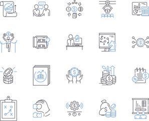 Fototapeta premium Finance business outline icons collection. Accounting, Taxation, Investment, Banking, Budgeting, Auditing, Loans vector and illustration concept set. Funds, Insolvency, Forex linear signs