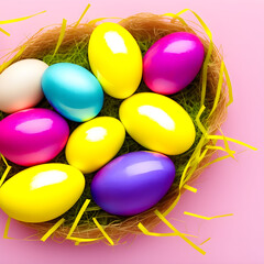 Fototapeta na wymiar Easter celebration concept. Top view photo of colorful easter eggs small baskets - Illustration 