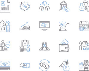 Investment department outline icons collection. Investment, Department, Portfolio, Management, Broker, Asset, Analyst vector and illustration concept set. Fund, Market, Equity linear signs