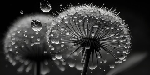 photograph in black and white showing dandelions. Dandelion macro with drops. Generative AI