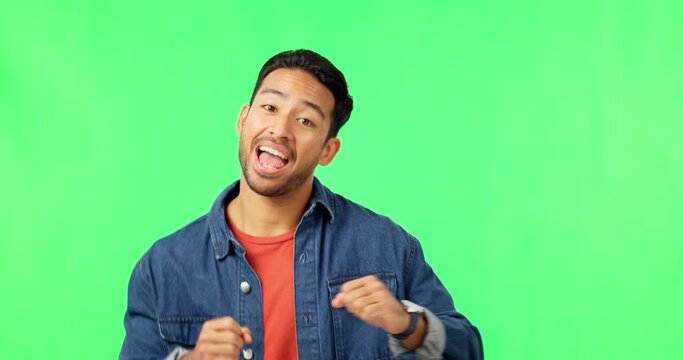 Happiness, dance and man face in green screen excited with music and smile. Isolated, studio background and happy male model with celebration, energy and dancing with freedom and hip hop move