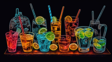 Set of Cocktail drinks, in the style of a board drawing
