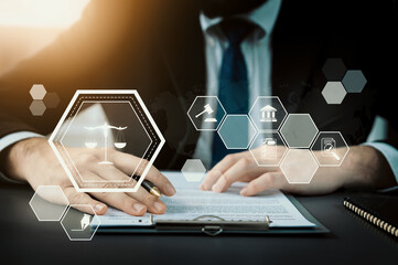 Smart law, legal advice icons and lawyer working tools in the lawyers office showing concept of...