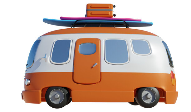 Orange van Summer vacation concept, Holiday trip, cute retro van and beach accessories. 3d rendering