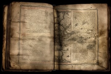 an antique book open to reveal a detailed map. Generative AI
