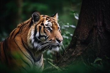 A majestic tiger rests on a fallen log in the heart of the jungle, surrounded by towering trees and dense vegetation. Generative Ai