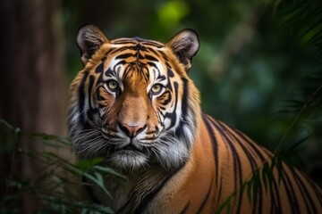 Fototapeta na wymiar A majestic tiger prowling through the lush green jungle, its orange and black stripes camouflaging it against the dense foliage. Generative AI