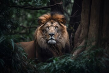 Fototapeta na wymiar portrait of a lion with in forest. Generative AI