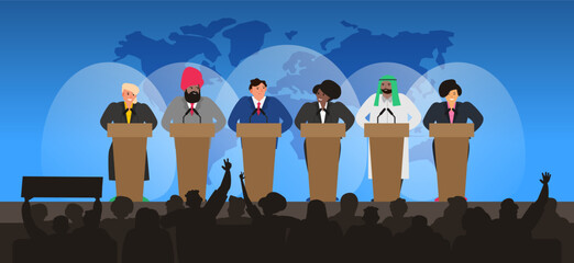 international  and multicultural politicians standing at the podium on the stage  conference meeting summit vector illustration