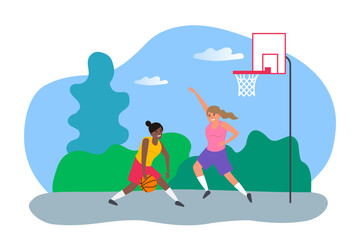 two women play basketball outdoor with  vector illustration