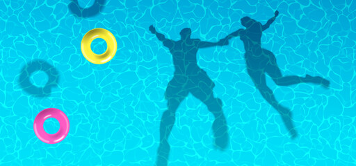 jumping couple shadow silhouette swimming pool water surface summer vacation top view vector illustration