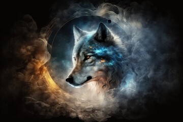 Wolf head combining with smoke, heavenly halo, and lovely background for an abstract illustration. Generative AI