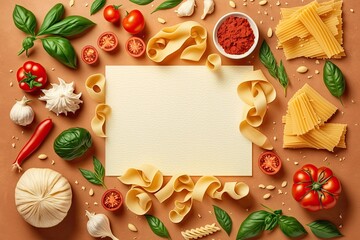 Background of cooking veggies and uncooked pasta, top view, copy space. Italian cuisine concept includes a variety of pasta, tomatoes, basil, herbs, and spices. Generative AI