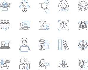 Fototapeta na wymiar Empoyee workflow outline icons collection. Employee, Workflow, Management, Process, Automation, System, Time vector and illustration concept set. Job, Scheduling, Task linear signs