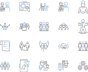 Corporate teambuilding outline icons collection. Corporate, Teambuilding, Retreat, Exercise, Building, Recreational, Activity vector and illustration concept set. Networking, Huddle, Workshop linear