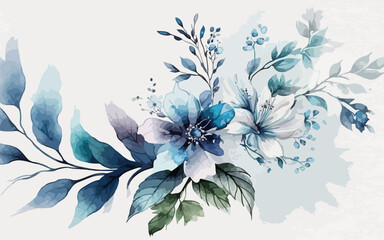 Abstract art background vector. Luxury minimal style wallpaper with blue watercolor flower blue and white watercolor flower art. watercolor blue flower and white splash and white background.