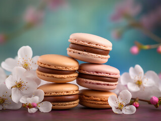 Fototapeta na wymiar A Stack of Macarons with Cherry Blossoms | Generative AI