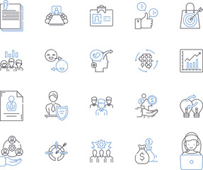 Business leadership outline icons collection. Leadership, Business, Manager, Strategy, Executive, Motivation, Influence vector and illustration concept set. Management, Culture, Decisions linear signs